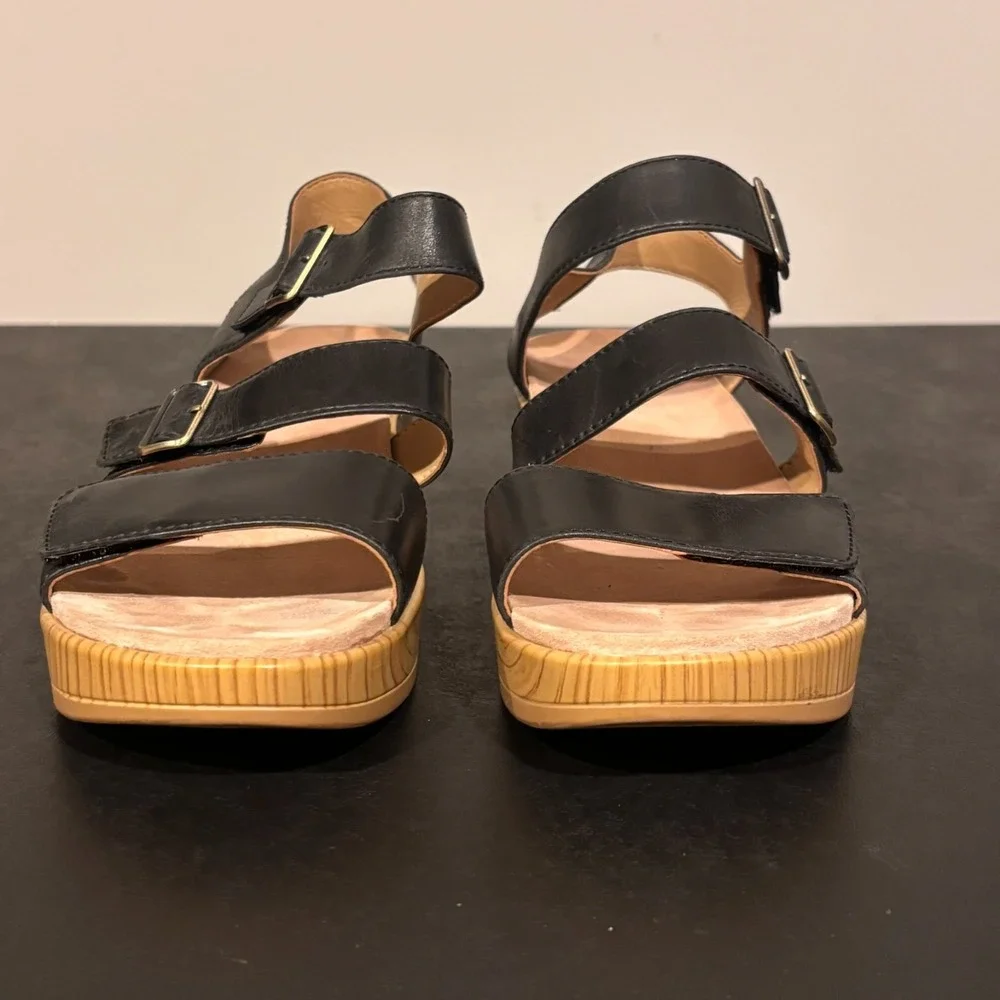 Dansko Womens Malena Black Smooth Leather Buckle Black Heel Sandal size 38/7.5-8